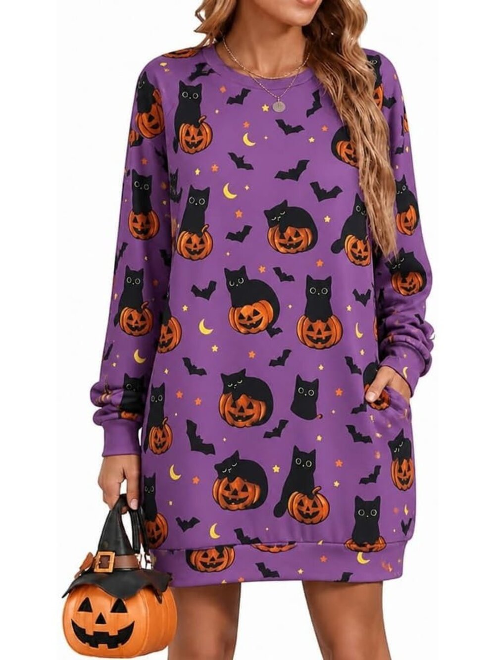 🆕 Women's Purple Halloween Black Cat Pumpkin Sweatshirt Dress Pockets